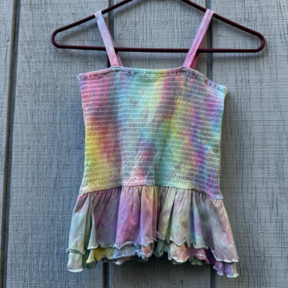 Girls Tie Dye Smocked Ruffle Tank Top Shirt Rainbow Pastel Size L 12/14 Peplum